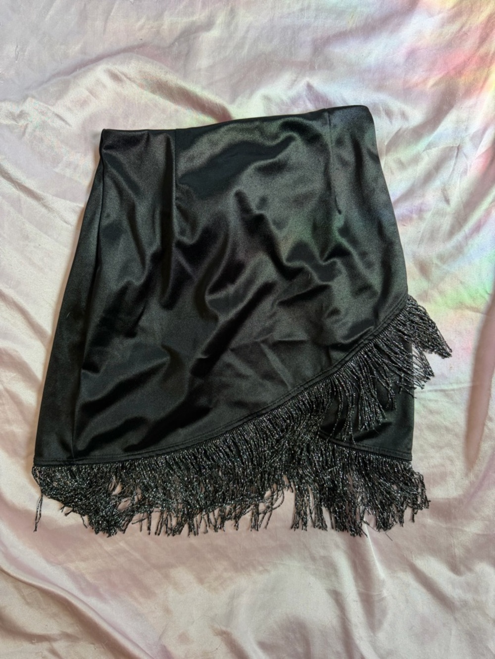 Black Fringe Satin Mini Skirt